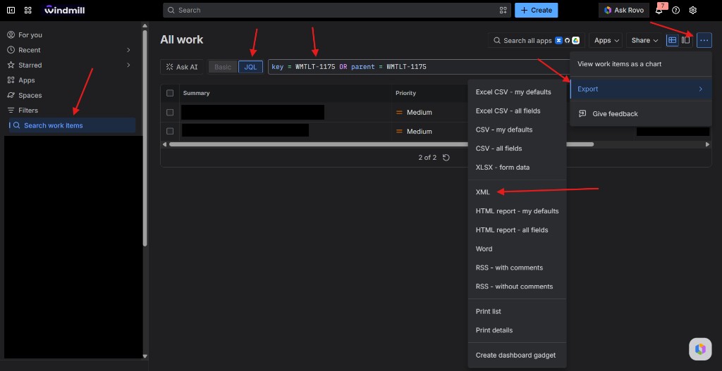 Jira search work items — JQL mode with query and Export XML menu open