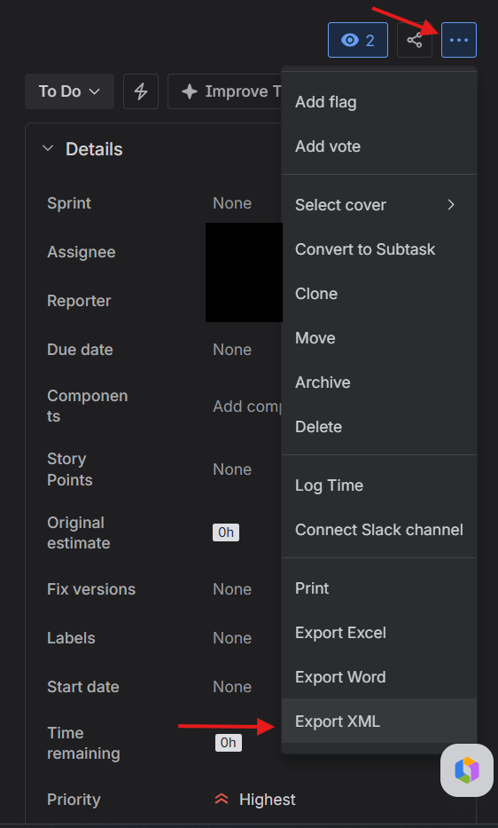Jira task detail — top-right menu open with Export XML highlighted