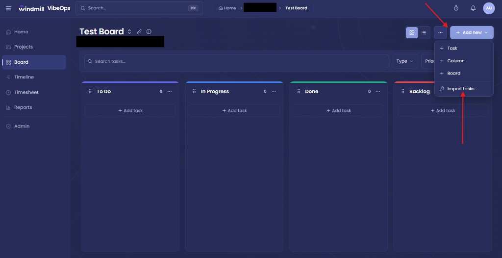 VibeOps board — "Add new" dropdown open with "Import tasks..." highlighted