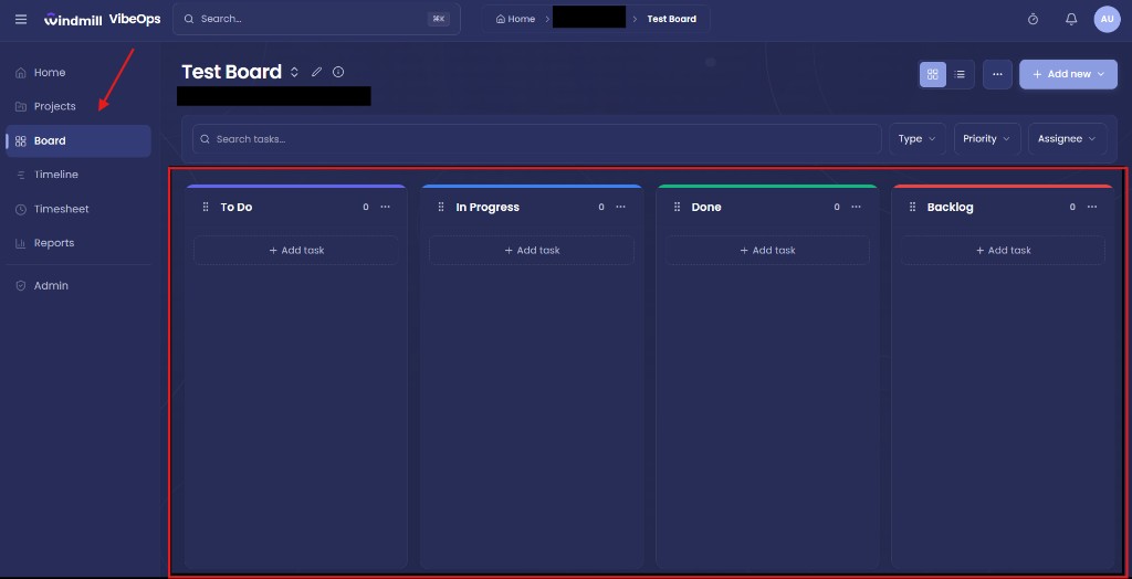 VibeOps Kanban board with columns — Backlog, Ongoing, Prioritized