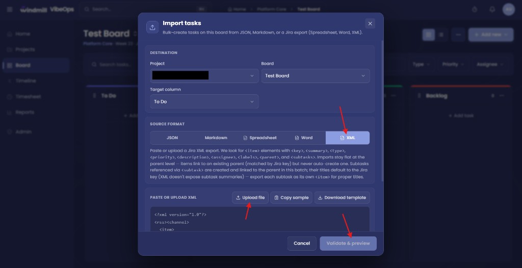 VibeOps Import tasks modal — XML format selected, Upload file and Validate & preview buttons visible